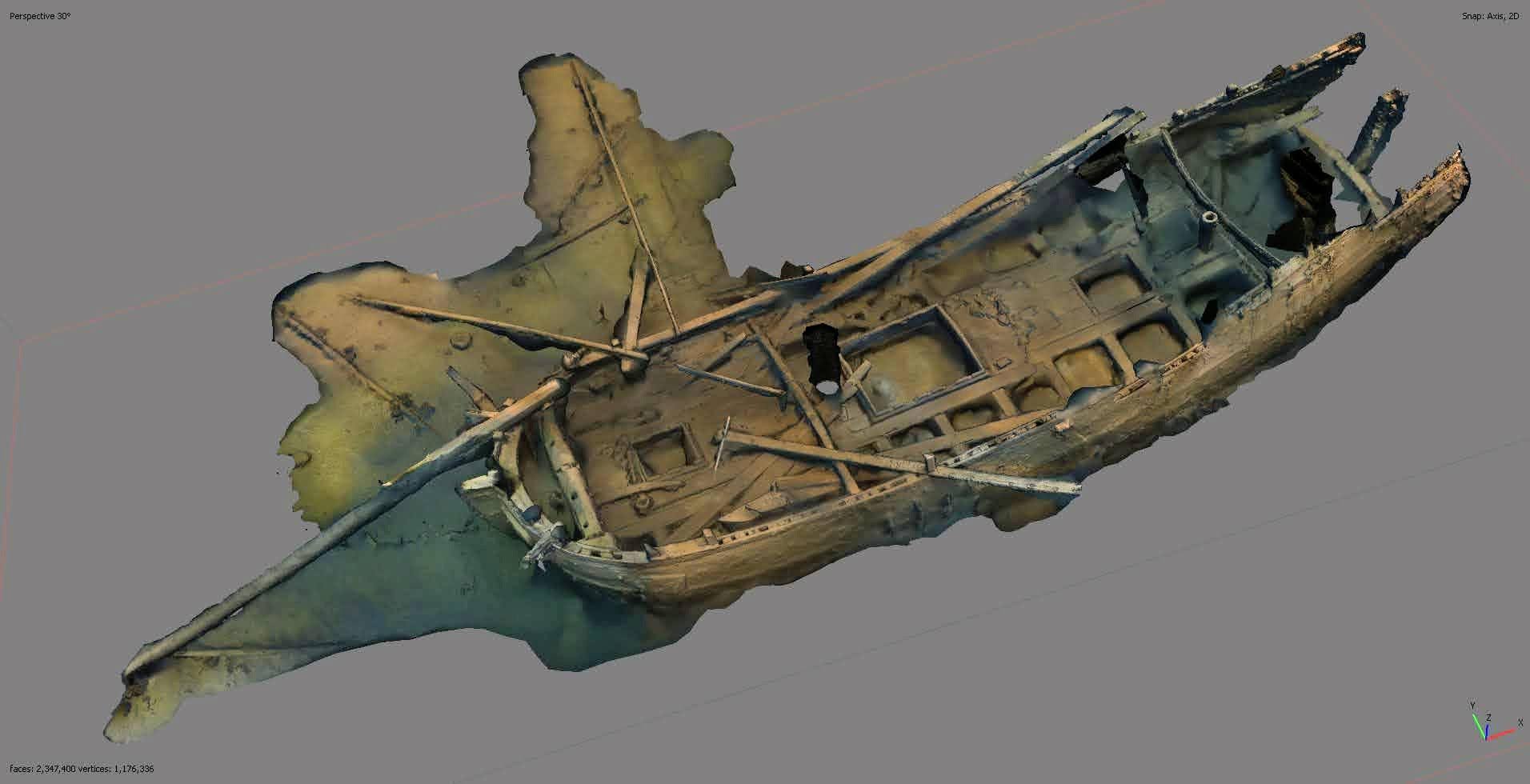 Kuva: Kuva Russarön kaakkoispuolen hylyn nro 2530 3D-mallista. Kuvassa hylky on nähtynä yläviistosta. Copyright Ville Konka ja Samuli Haataja. Mahdolliset kuvatiedustelut ja tilaukset osoitetaan Konkalle ja Haatajalle.&nbsp;Kuvaus Ville Konka, mallinnus Samuli Haataja&nbsp;2024